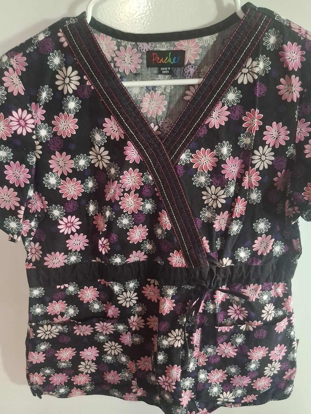 Peaches Uniforms Black Floral V-Neck Top with Pink and White Daisies
